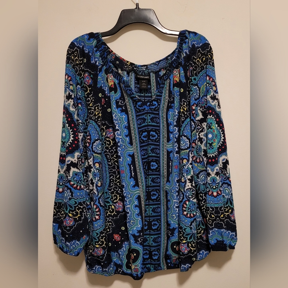 Lane Bryant Blue Paisley Boho Peasant Blouse|Size 18/20|Flowy Long Sleeve